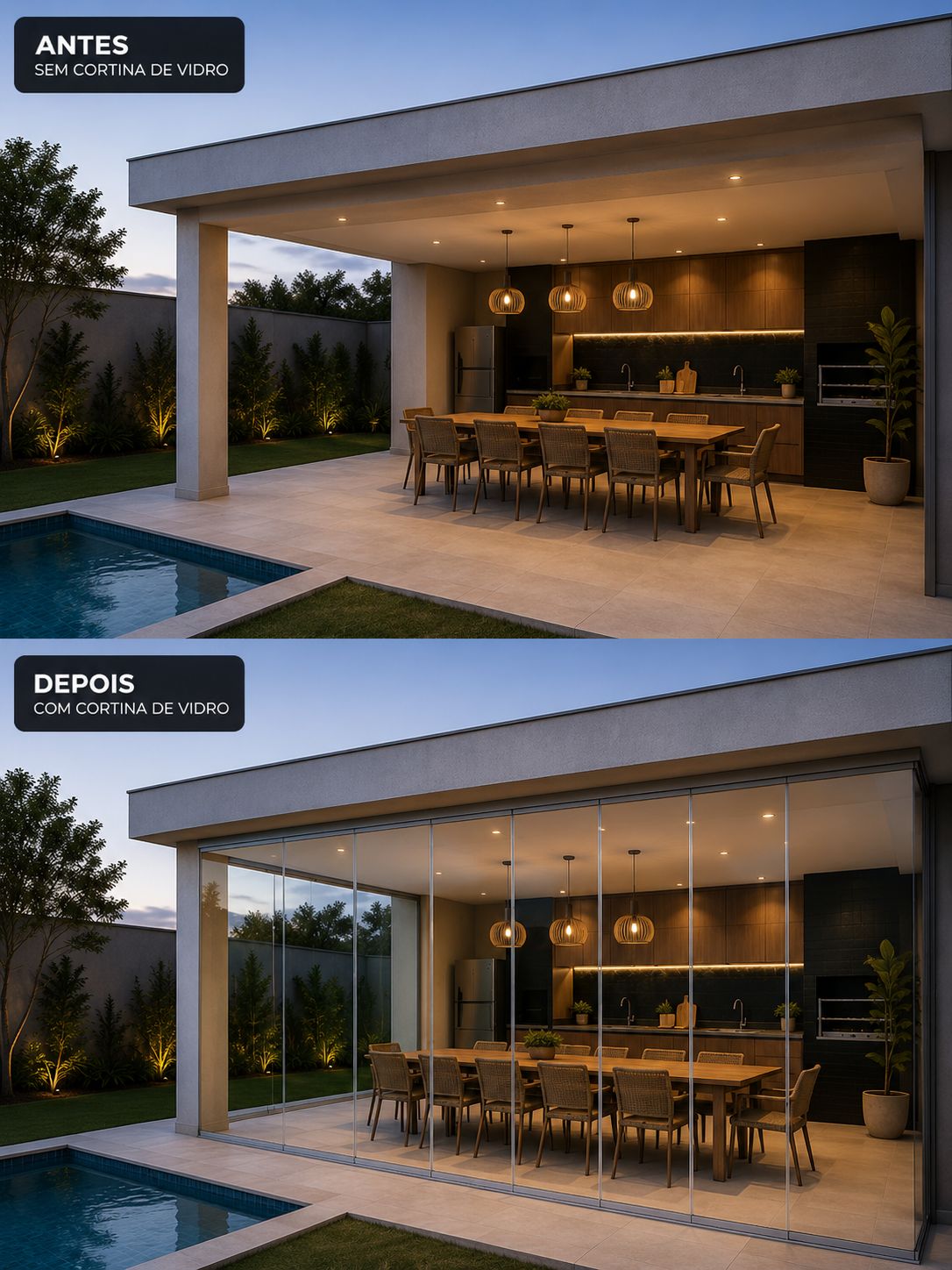 Área gourmet antes e depois da instalação da cortina de vidro